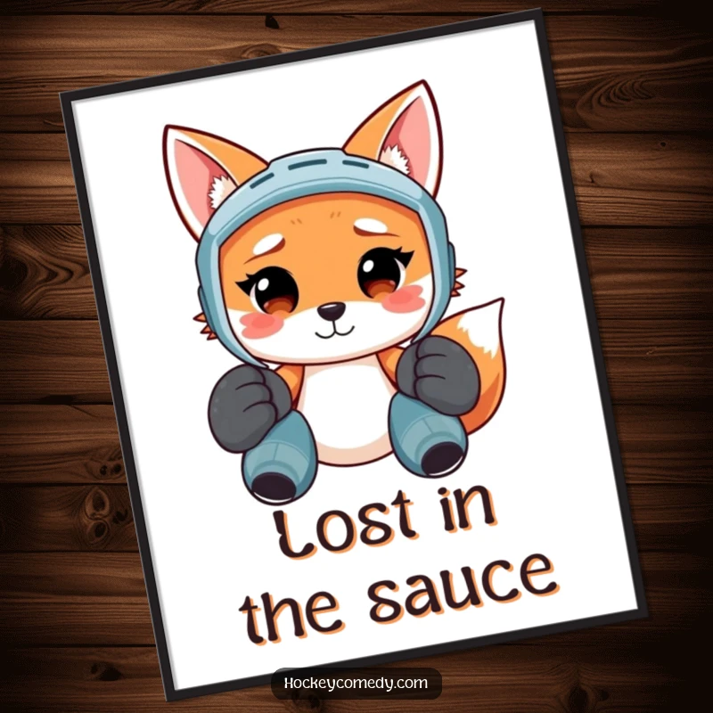 Funny poster art of a smiling fox wearing giant hockey pads, looking utterly confused and lost, adding humor to any room.