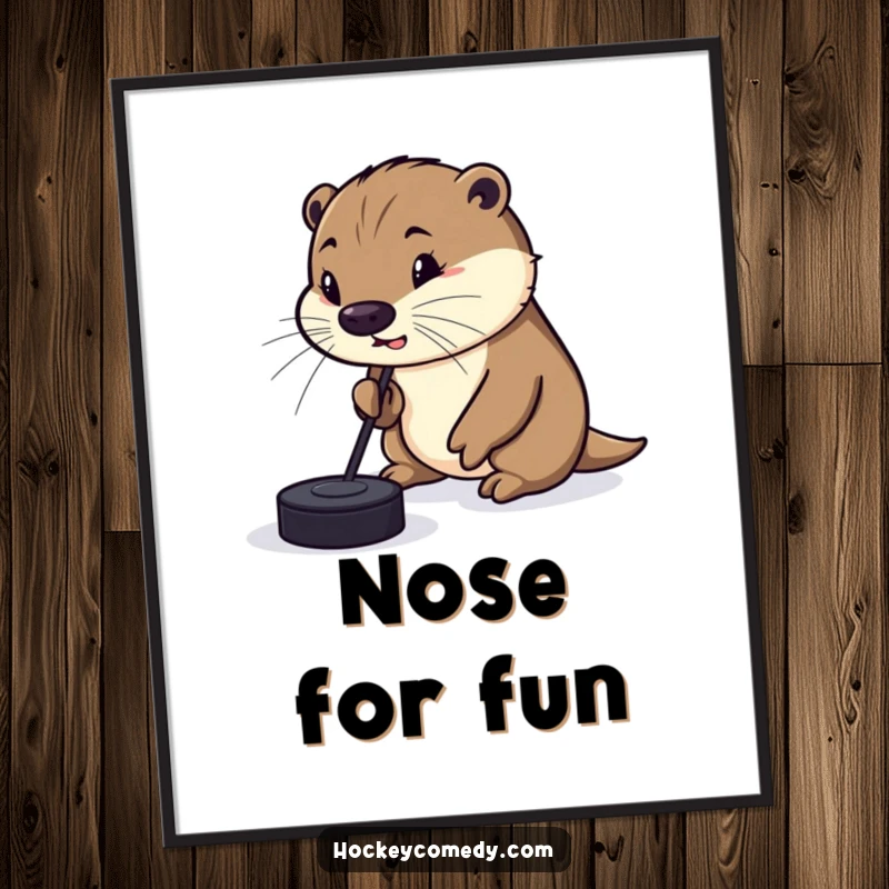Funny Poster of a silly otter humorously focused on dribbling a hockey puck with its nose, creating a whimsical and amusing wall decoration.