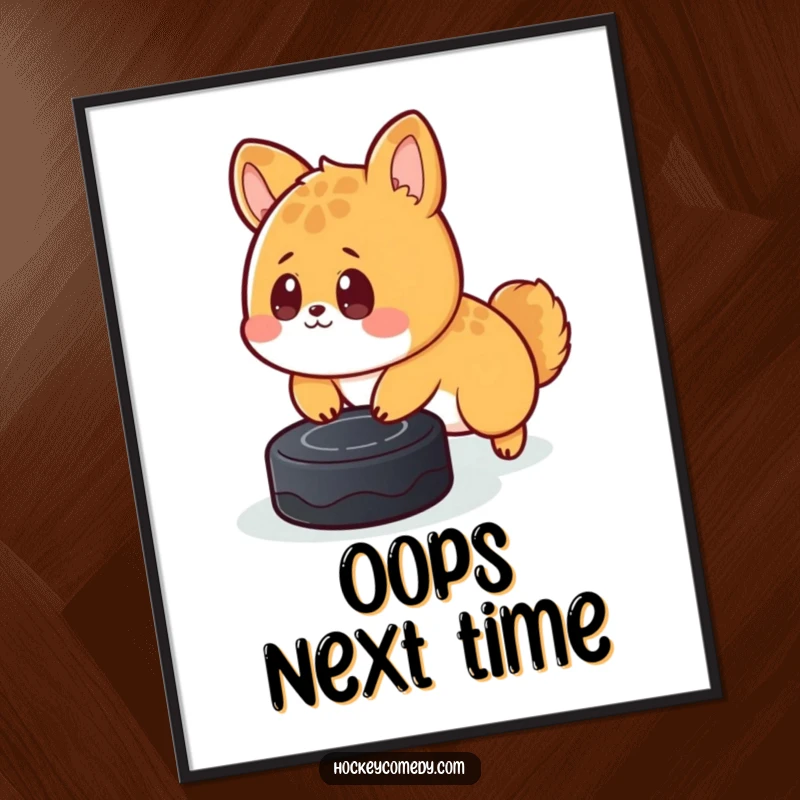 Funny poster displaying a cute animal looking surprised after tripping over an ice hockey puck, a humorous wall decoration.