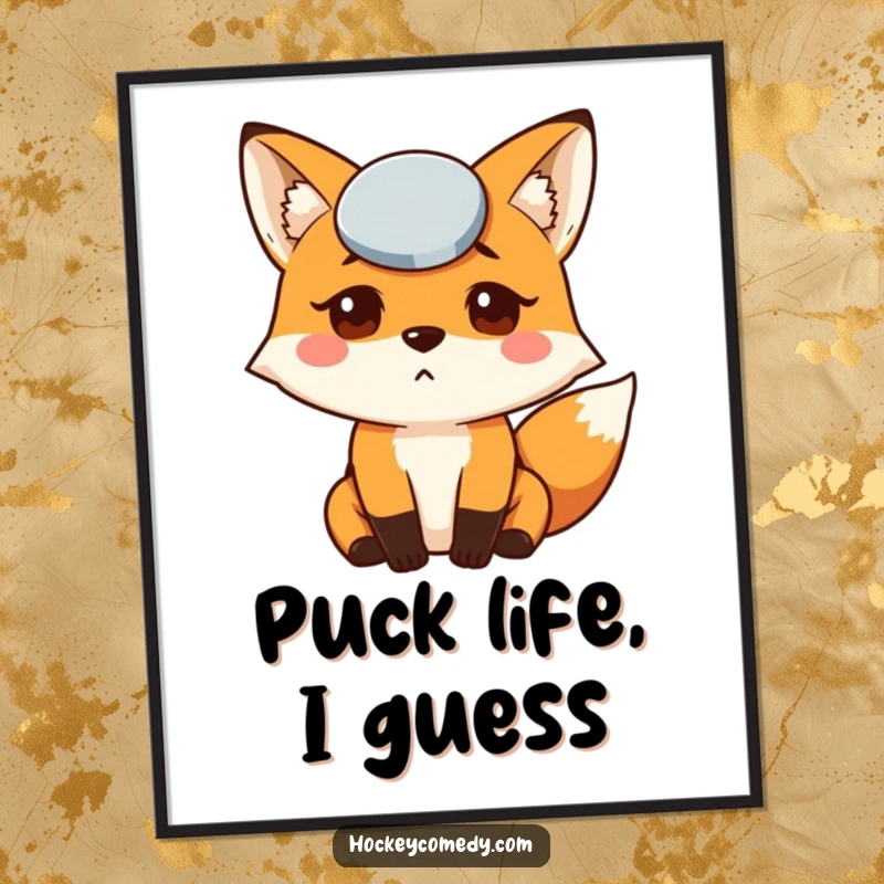 Funny Fox Puck Poster showcasing a confused fox with a hockey puck stuck to its forehead, vibrant and humorous wall art.