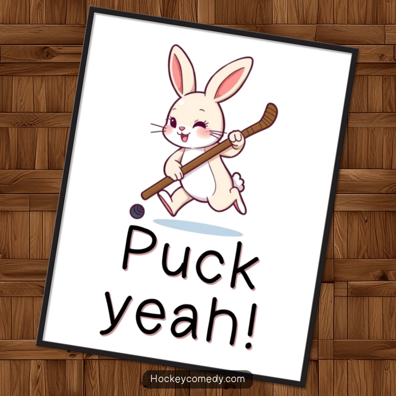 Funny poster of a playful rabbit hopping with a hockey stick, capturing the spirit of the game with humor.