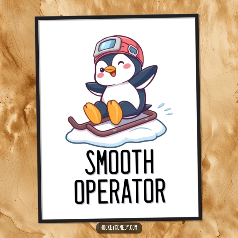 Funny poster art of a playful penguin sliding across ice on a hockey helmet, depicting a humorous winter scene.