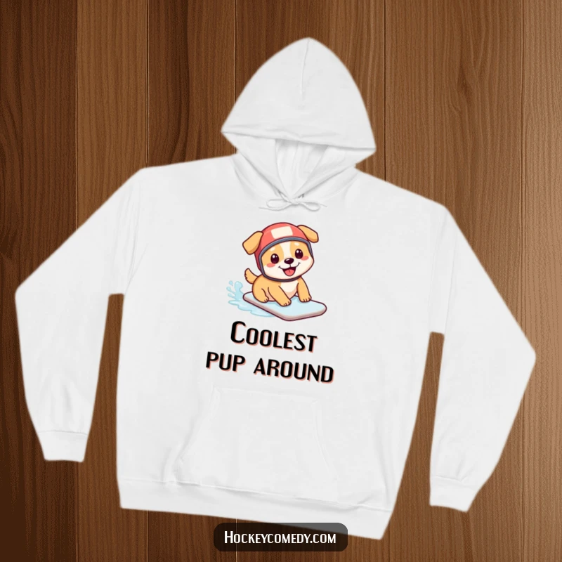 Funny hoodie: A smiling dog sports a tiny hockey helmet while gleefully sliding across a slick ice surface, a picture of canine fun.