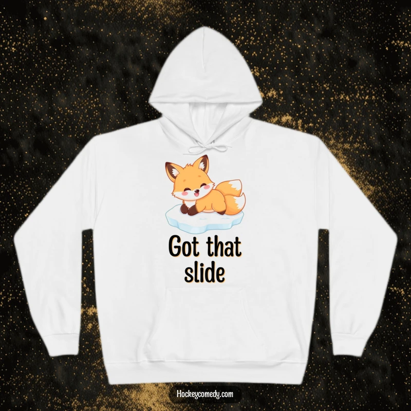 Funny fox ice slide hoodie, depicting a joyful fox sliding on its belly, embodying winter's playful spirit.