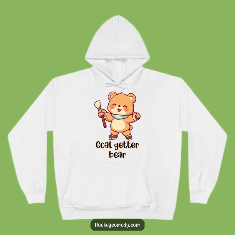 Funny Hockey Bear Hoodie: Cozy Joyful Pose, Perfect Warm Gift for Fans