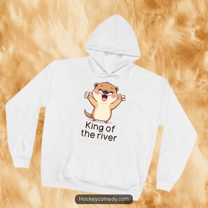 Funny hoodie showcasing a gleeful otter striking a funny victory pose after scoring a goal, radiating pure happiness and celebratory pride.