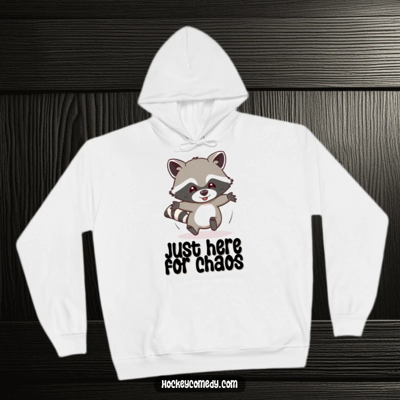 Funny hoodie depicting a playful raccoon comically sliding headfirst, embodying pure uninhibited joy and a love for mischief and fun.