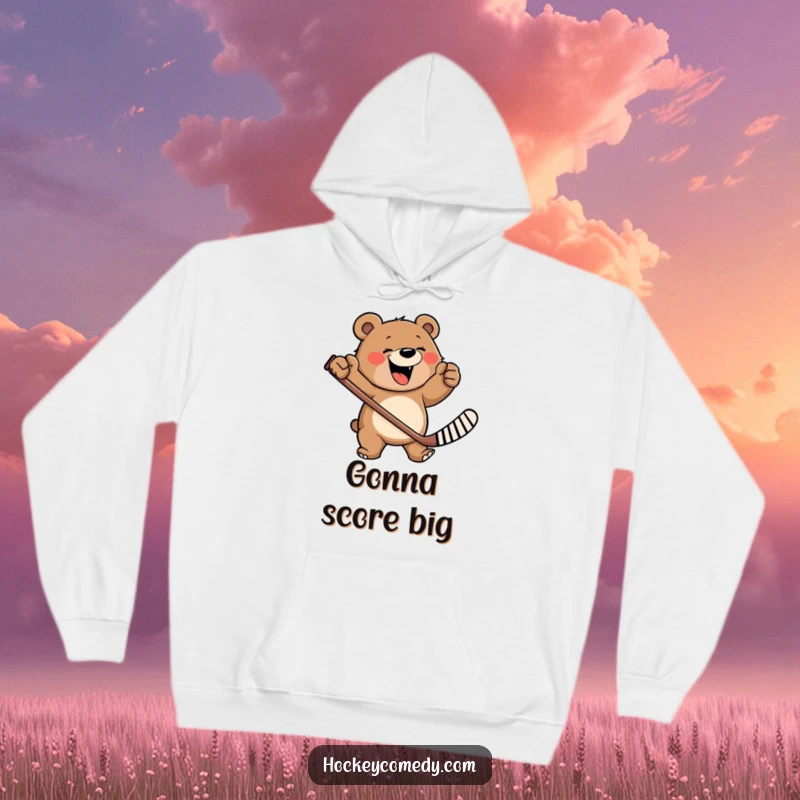 Funny hoodie with a happy, roaring bear furiously waving a hockey stick, radiating wild energy and playful aggression.