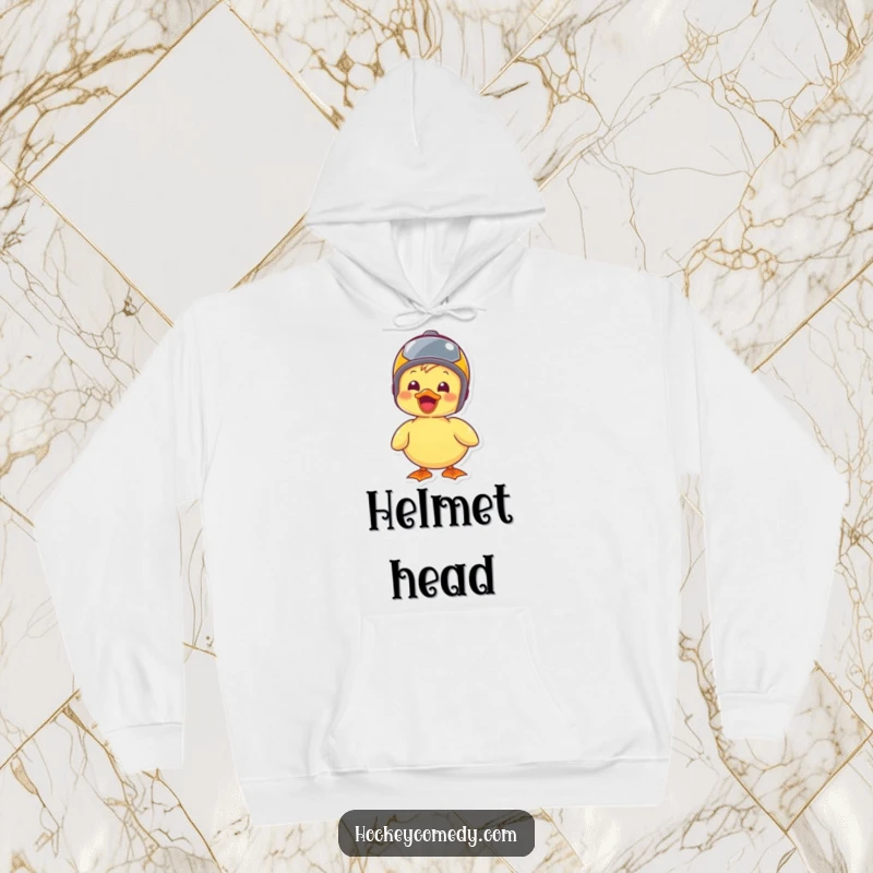 Funny duck in a cozy hoodie, wearing a tiny helmet, ready for cheerful outdoor adventures.