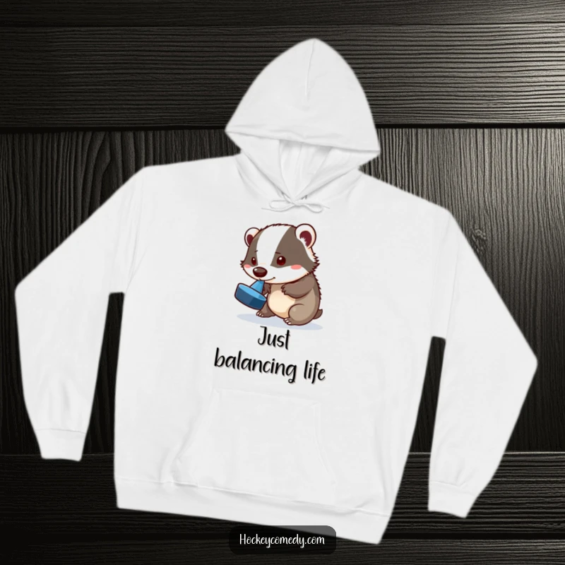 Funny badger hoodie, a playful badger attempting a puck flip with its nose, offering warmth and humor, great gift.