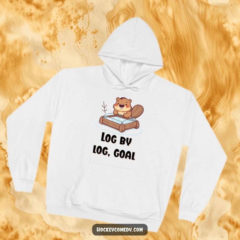 Funny beaver hoodie, a happy beaver building a small hockey rink out of logs, offering warmth and humor, great gift.