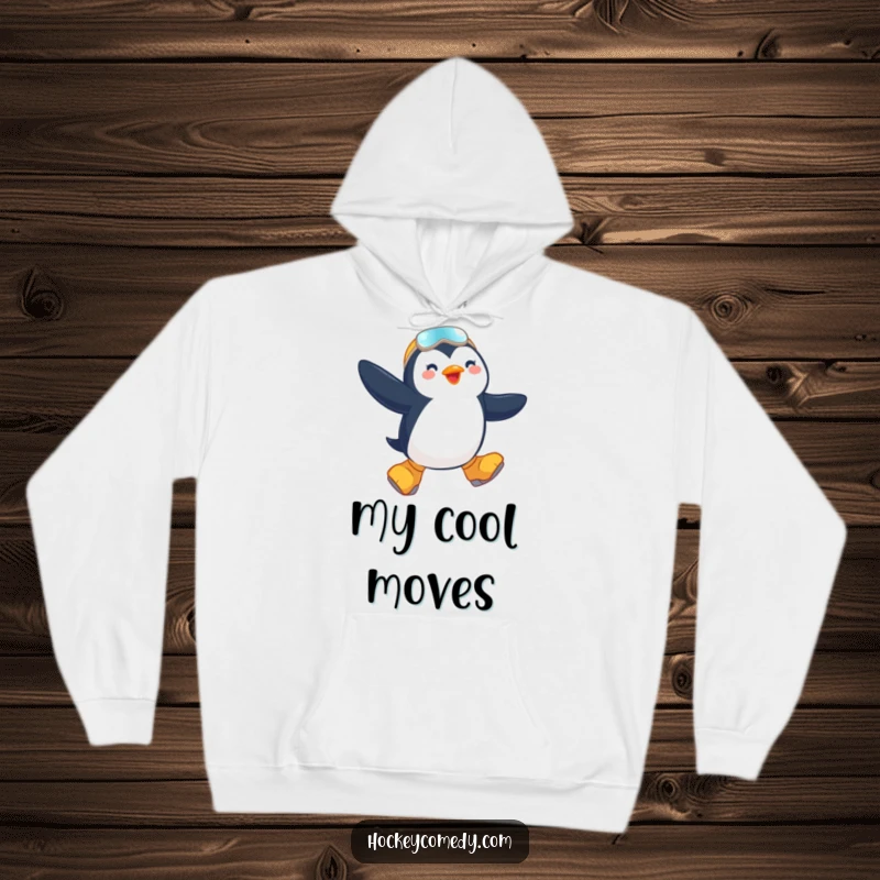 Funny hoodie featuring a gleeful penguin executing a daring jump on large skates, embodying winter fun and excitement.
