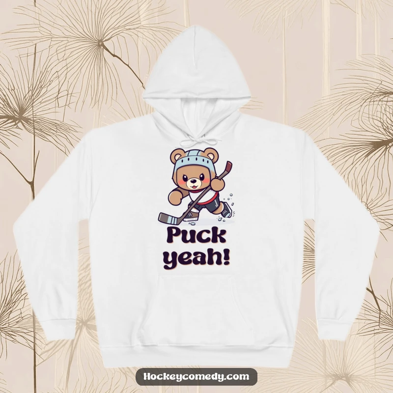 Funny determined bear character executing a difficult hockey maneuver, warm hoodie.