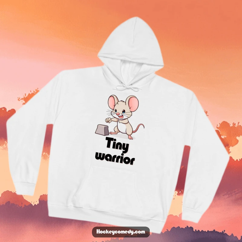 Funny brave mouse hoodie, determined expression, aiming for a goal, symbolizing ambition and humor for a cozy gift.