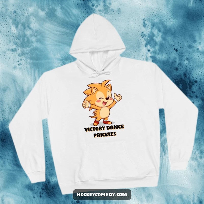 Funny and cozy hoodie featuring a cheerful hedgehog character celebrating with a full victory dance after scoring, radiating happiness.