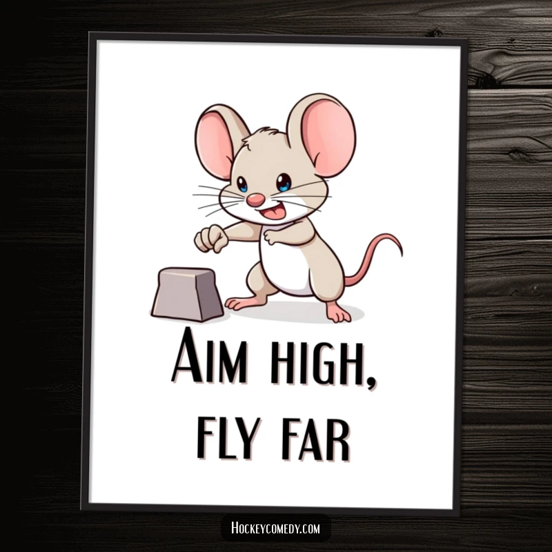 Funny Free Printable Wall Art of a brave mouse with a determined expression, aiming for a goal, ready to conquer challenges.