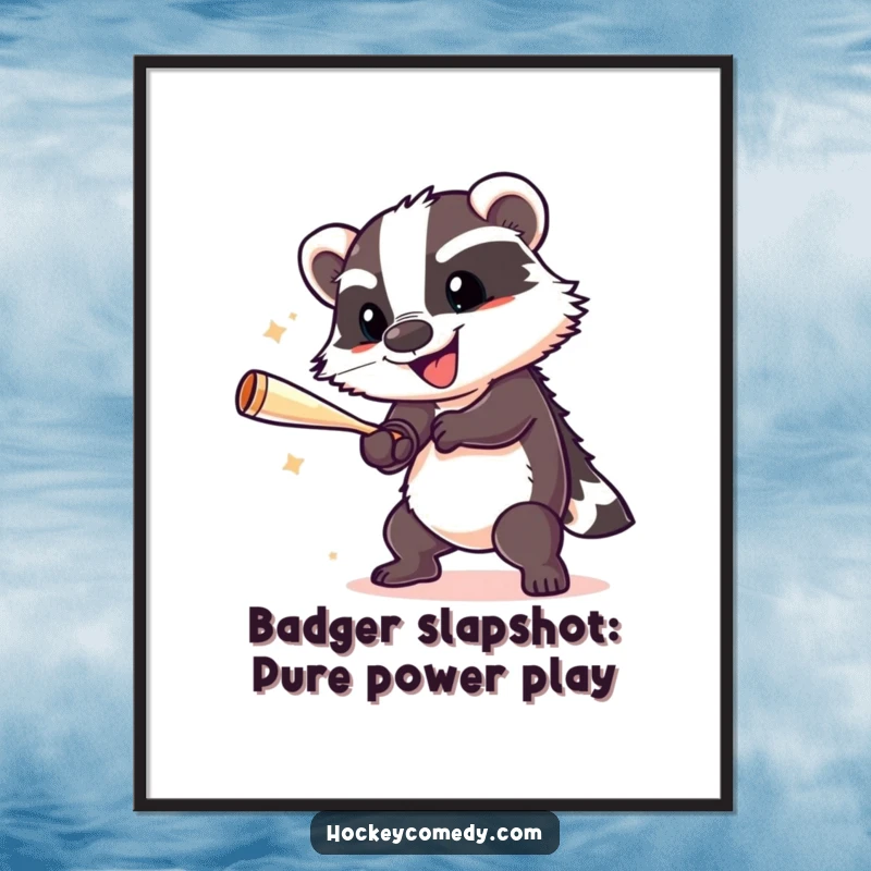 Funny Free Printable wall art of a cheerful badger executing a slap shot, perfect for downloadable DIY sports-themed decor.