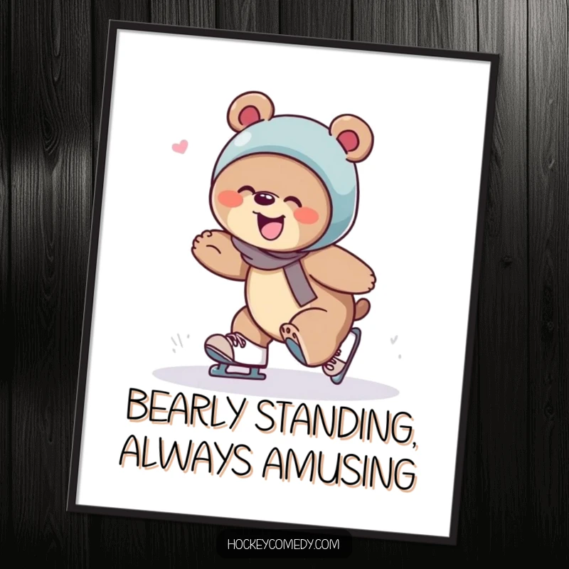 Funny Free Printable wall art of a giggling bear comically tripping over its skates, perfect for downloadable DIY humorous decor.