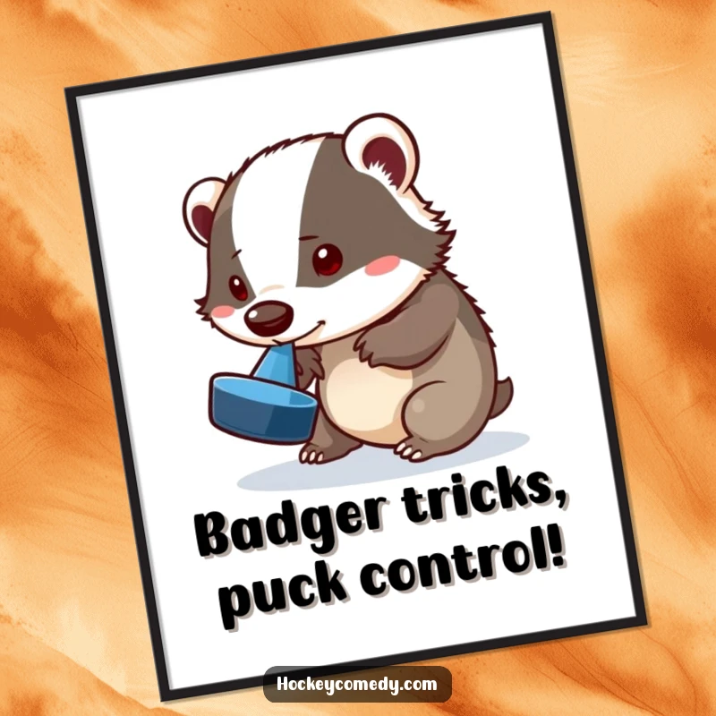 Funny Free Printable Wall Art depicting a playful badger skillfully attempting a hockey puck flip with its nose, full of personality.