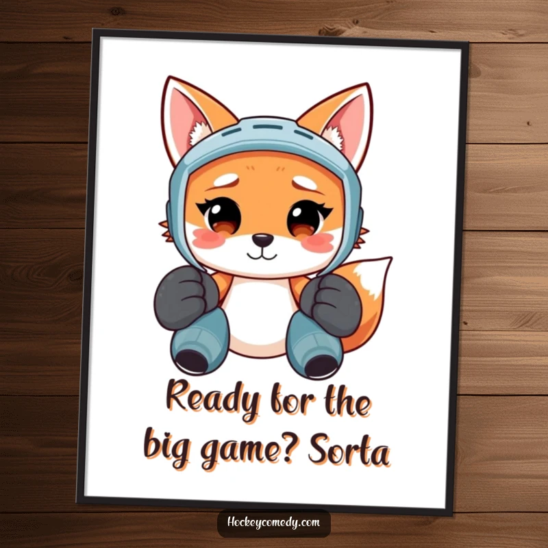 Funny free printable wall art: A smiling fox in oversized hockey pads looking totally confused, adding humor to any room.
