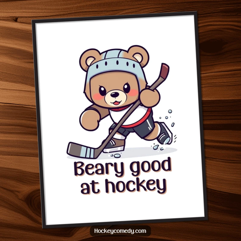 Funny Free Printable Wall Art: Determined bear character focused on executing a challenging hockey maneuver.