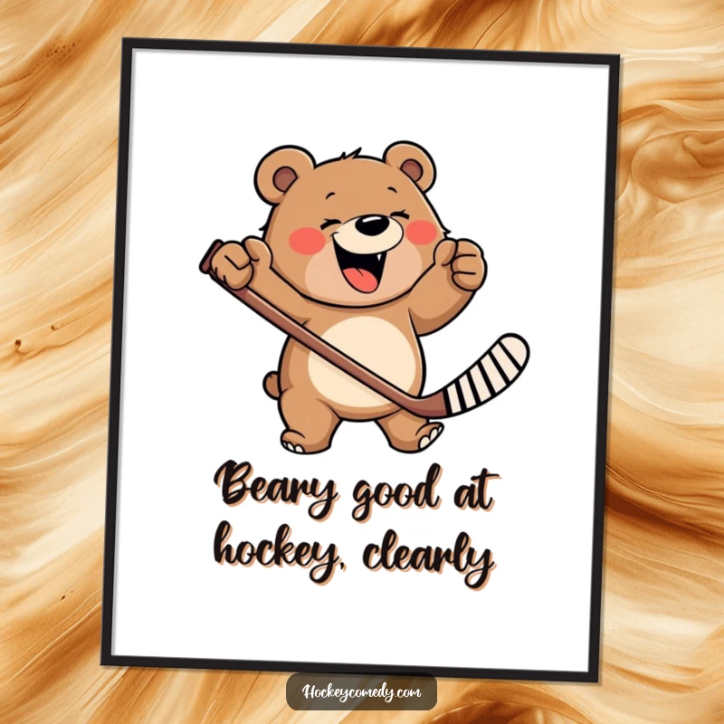 Funny free printable wall art: A happy bear furiously swinging a hockey stick, radiating energy and athletic joy, unique art.