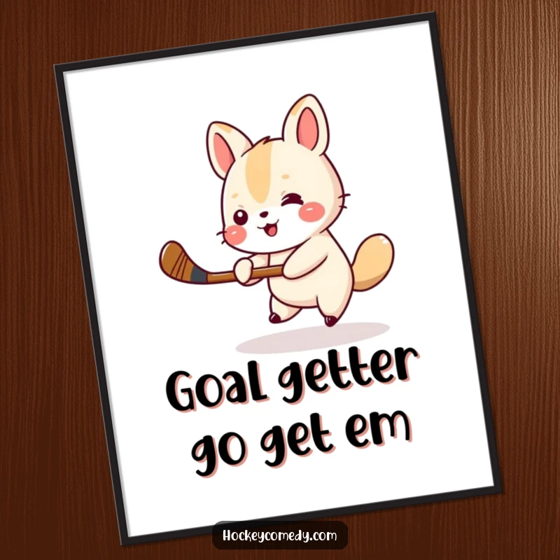 Funny Free Printable Wall Art of a small animal joyfully swinging a miniature hockey stick.