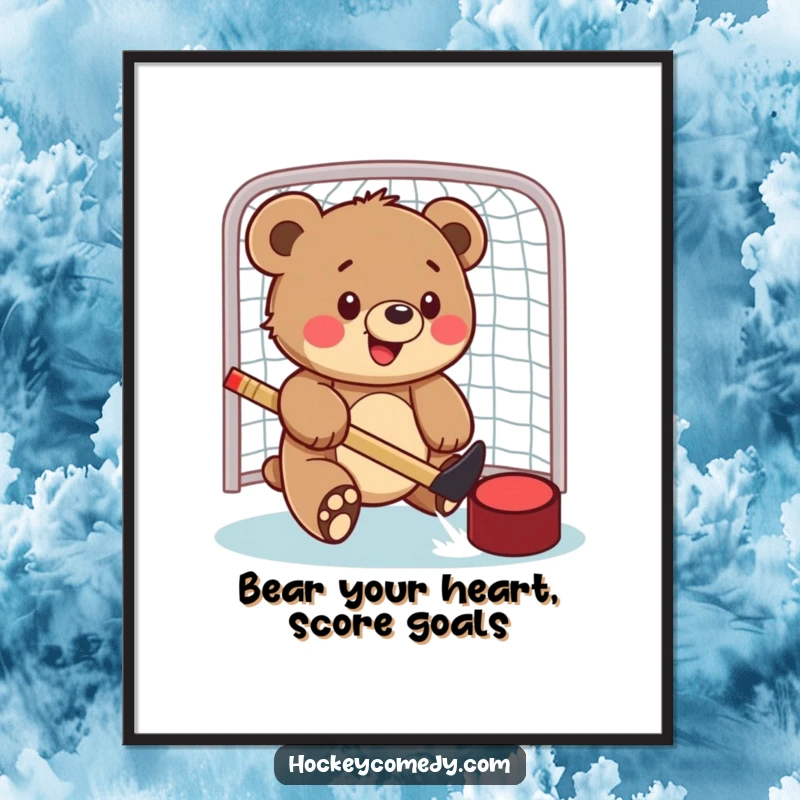 Funny Free Printable Wall Art: A happy bear cub mid-play, batting a hockey puck towards the net with a smile.