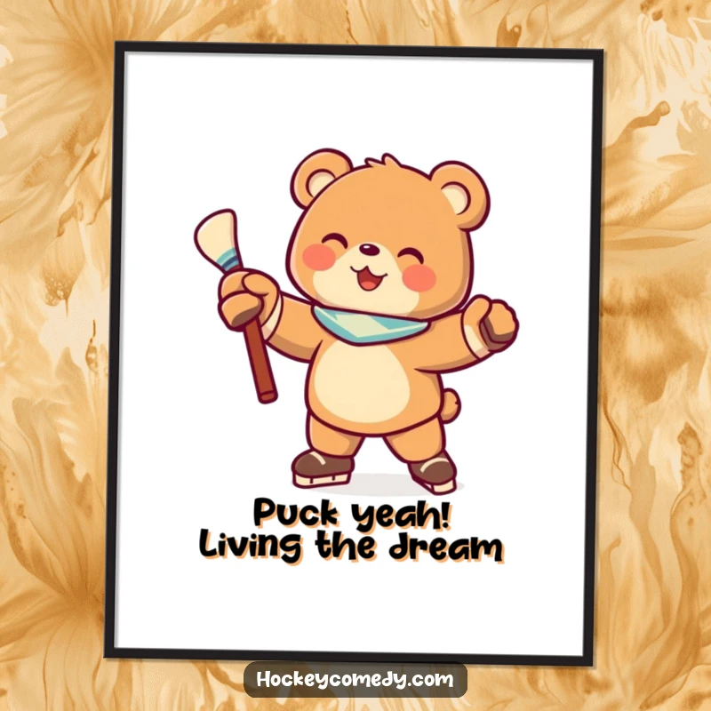 Funny Free Printable Wall Art: Joyful bear in dynamic hockey pose, stick ready, radiating playful energy.