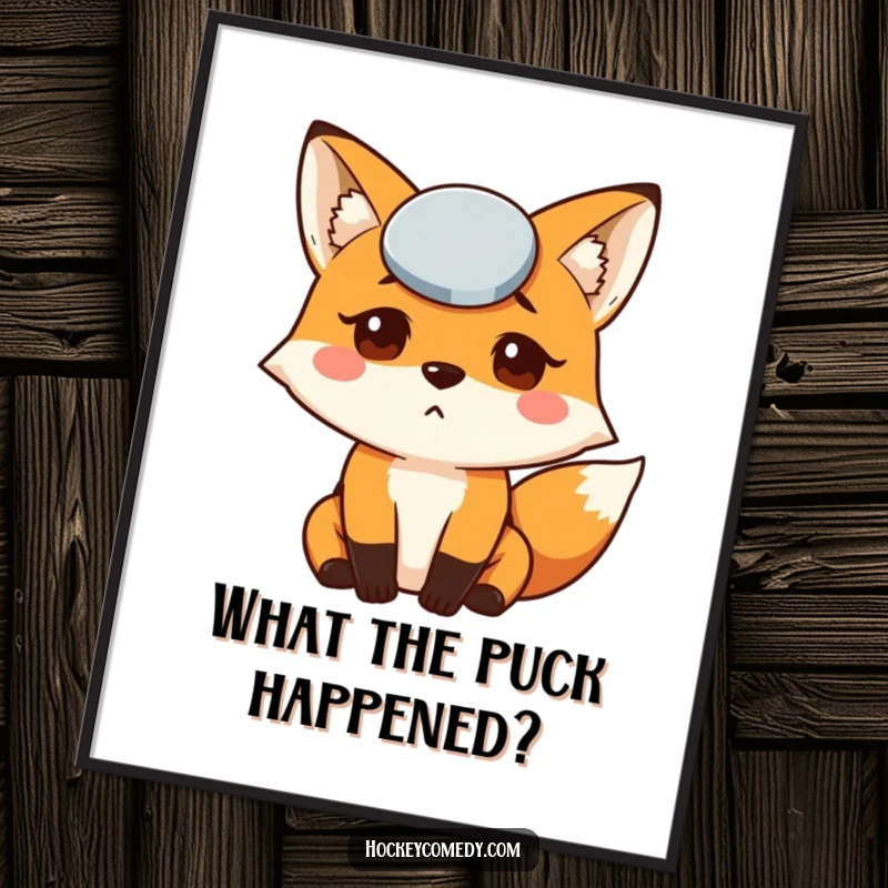 Funny free printable wall art: A fox with a bewildered expression has an ice hockey puck stuck to its forehead, creating a comical scene.