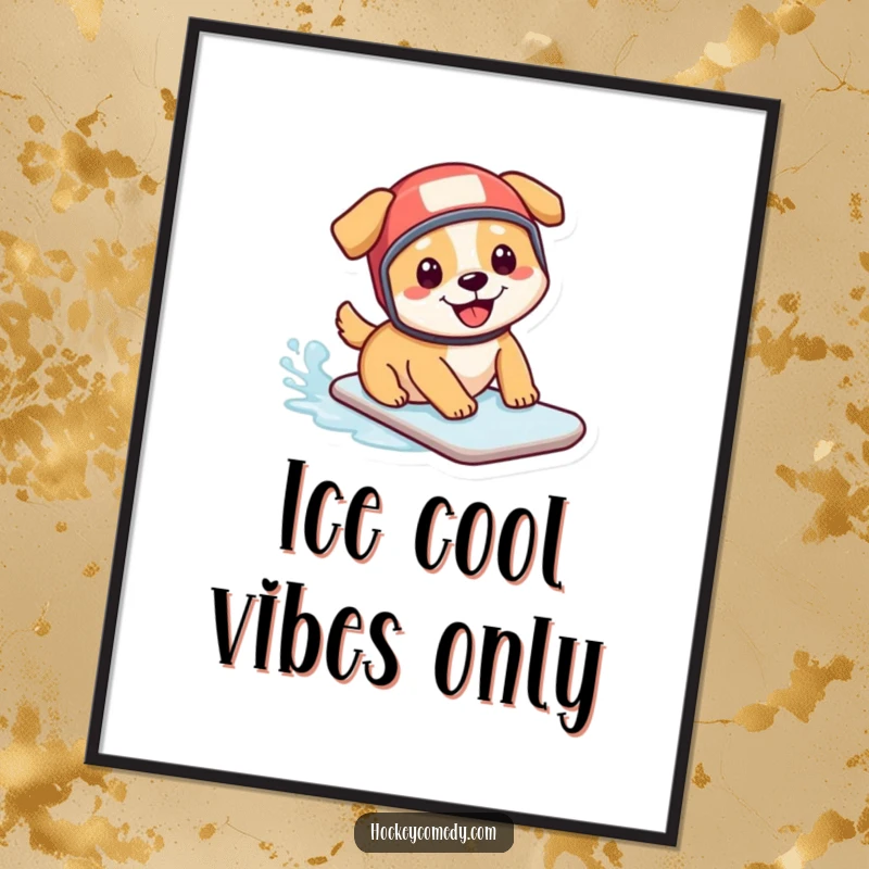 Funny Free Printable Wall Art: Energetic dog in a tiny hockey helmet joyfully slides fast on a slippery ice rink.