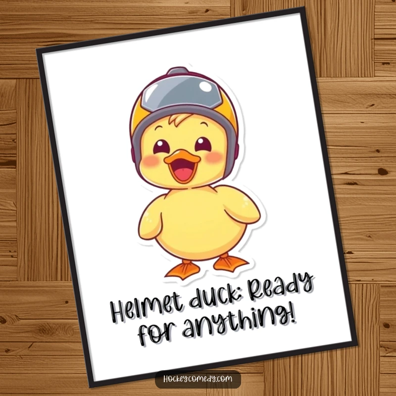 Funny Free Printable wall art of a joyous duck sporting a tiny helmet, perfect for a cute and downloadable DIY home accent.