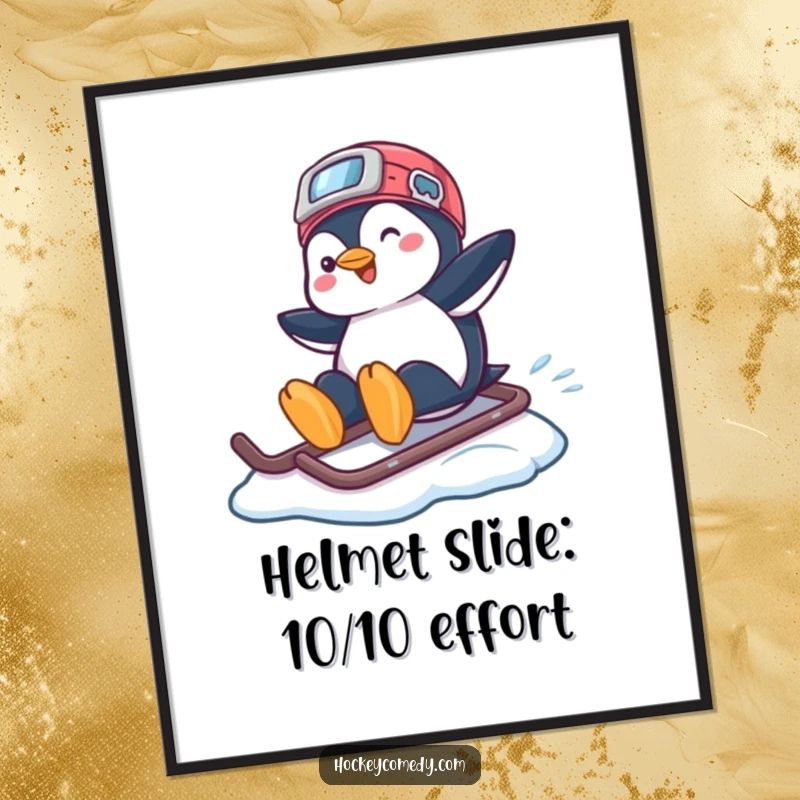 Funny free printable wall art: A playful penguin sliding smoothly across ice on a hockey helmet, bringing cool vibes.