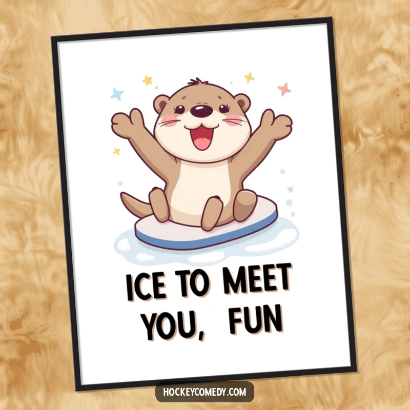Funny Free Printable Wall Art: Happy otter character mid-slide on the ice, radiating pure joy.