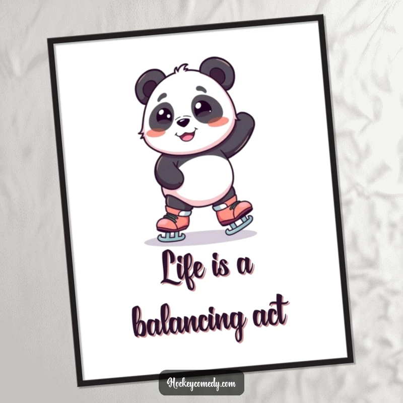 Funny Free Printable Wall Art: A smiling panda wobbles hilariously while attempting to skate on comically large roller skates.