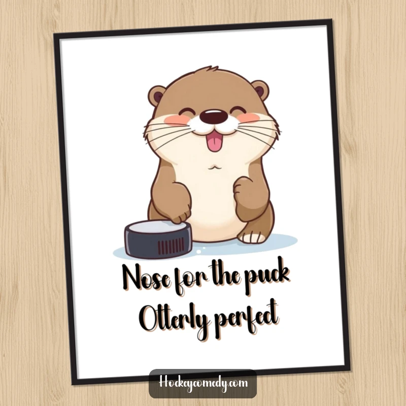 Funny Free Printable Wall Art: A cheerful otter attempts to catch a hockey puck with its nose, creating a whimsical scene.