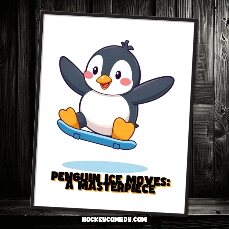Funny Free Printable Wall Art: Playful penguin attempting a fancy skate move, arms outstretched. Energetic downloadable decor.