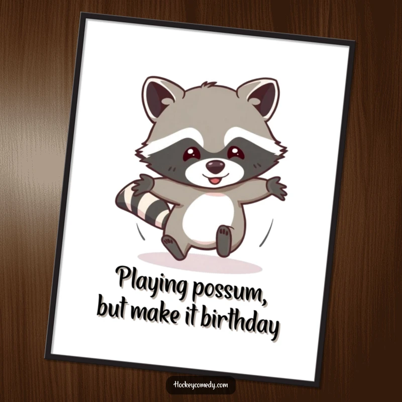 Funny Free Printable Raccoon Wall Art, a playful raccoon caught mid-slide, embodying pure, unadulterated silliness and fun.