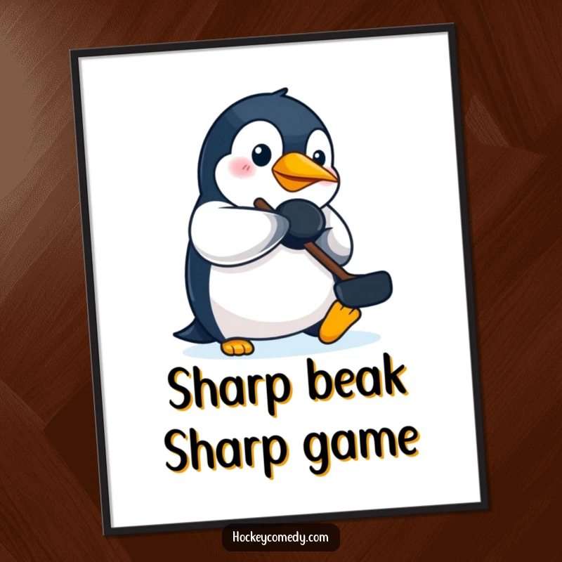 Funny Free Printable penguin comically batting a hockey puck with its beak, presented as downloadable wall art.