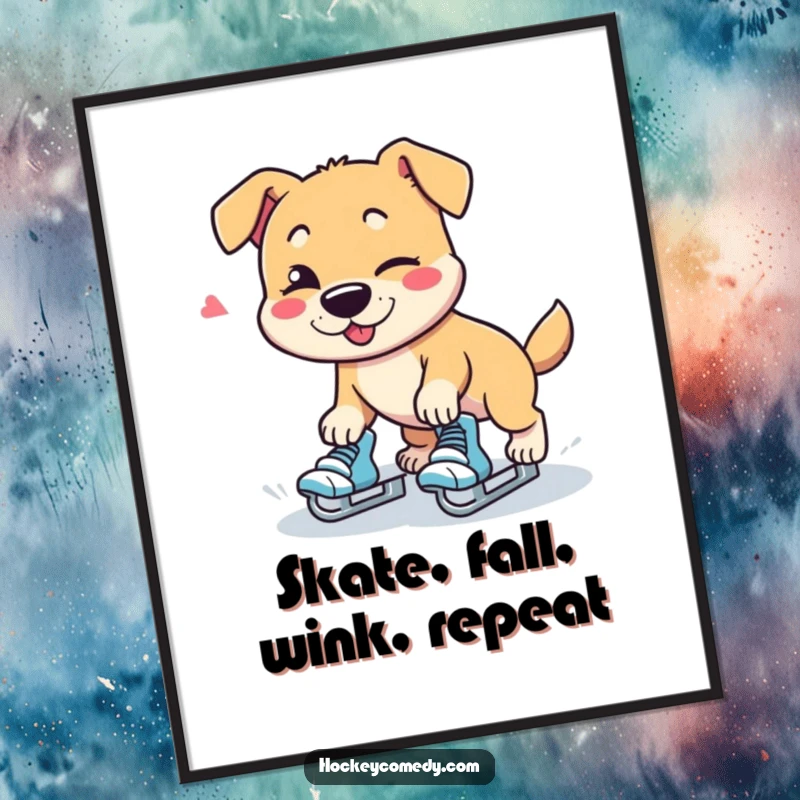 Funny Free Printable Wall Art: Silly dog character sprawled on skates, giving a cheeky wink.
