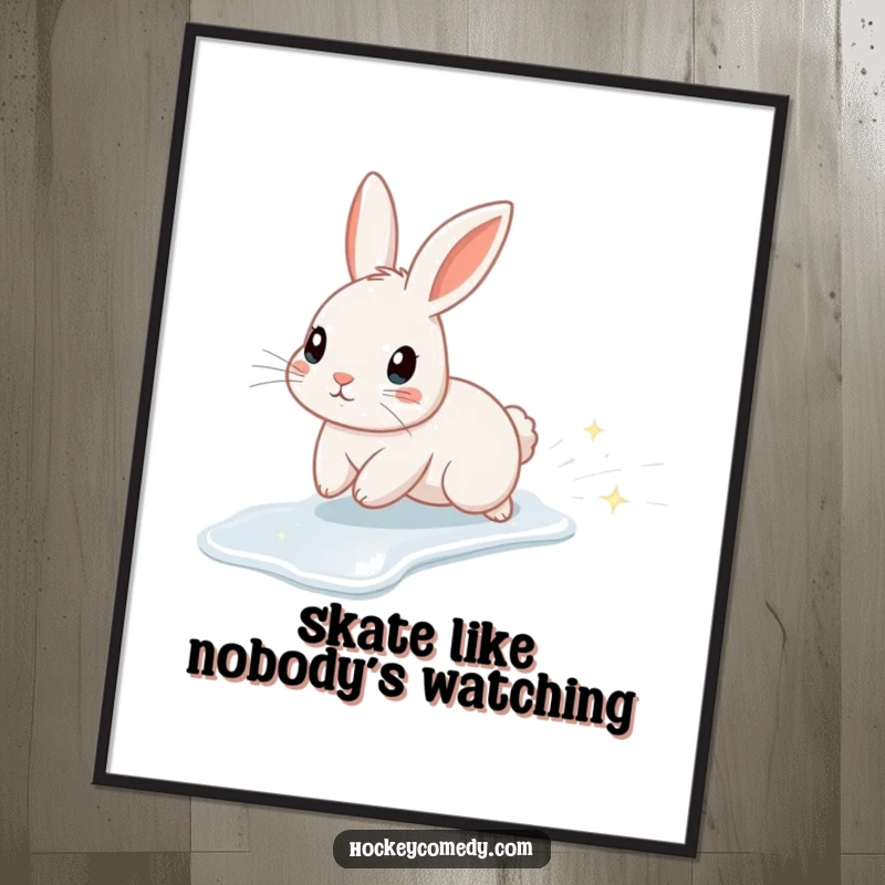 Funny Free Printable Wall Art: Cute rabbit soaring across an icy surface, trailing a path of bright, playful sparkles.