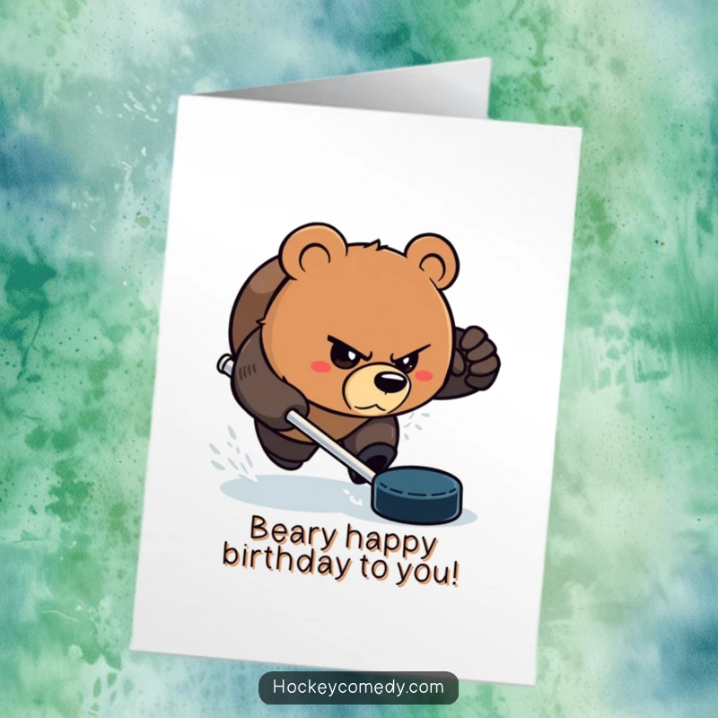 Funny Free Printable Birthday Card: Bear aggressively chasing a puck with a determined, comedic glare, celebrating a birthday goal.
