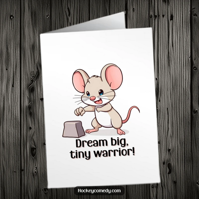 Funny Free Printable Birthday Card featuring a brave mouse determinedly aiming for its goal, ready to conquer the celebration.
