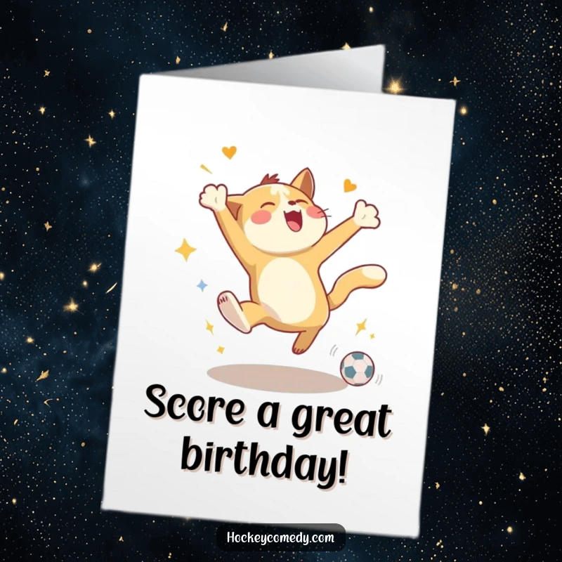 Funny Free Printable Birthday Card: Energetic animal leaping joyfully after scoring a goal, celebrating success.