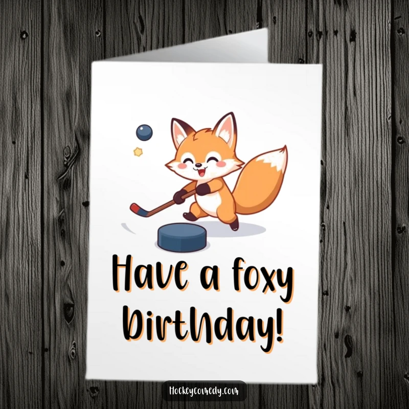 Funny Free Printable Happy Birthday Card: A cheerful fox swings wildly at a hockey puck, which is flying comically off-target.