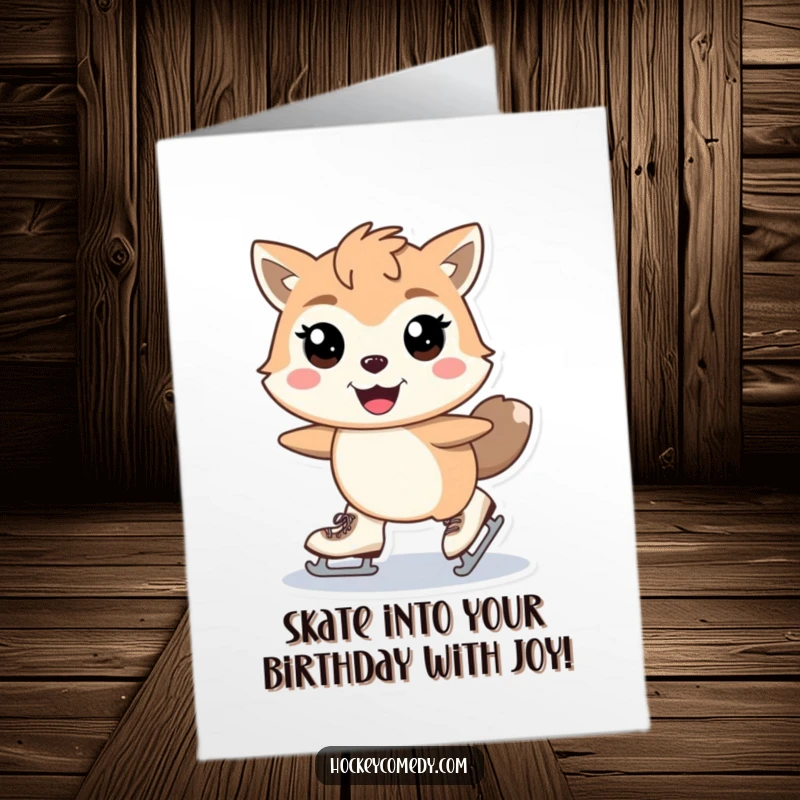 Funny Free Printable Happy Birthday card of a stylized animal with skates, mid-stride with gleeful eyes.