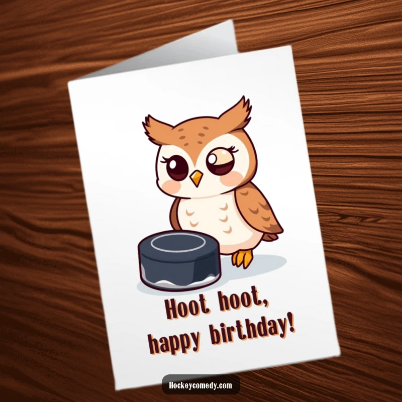 Funny Free Printable Birthday Card featuring a playful owl attempting to catch a hockey puck with its beak, celebrating.