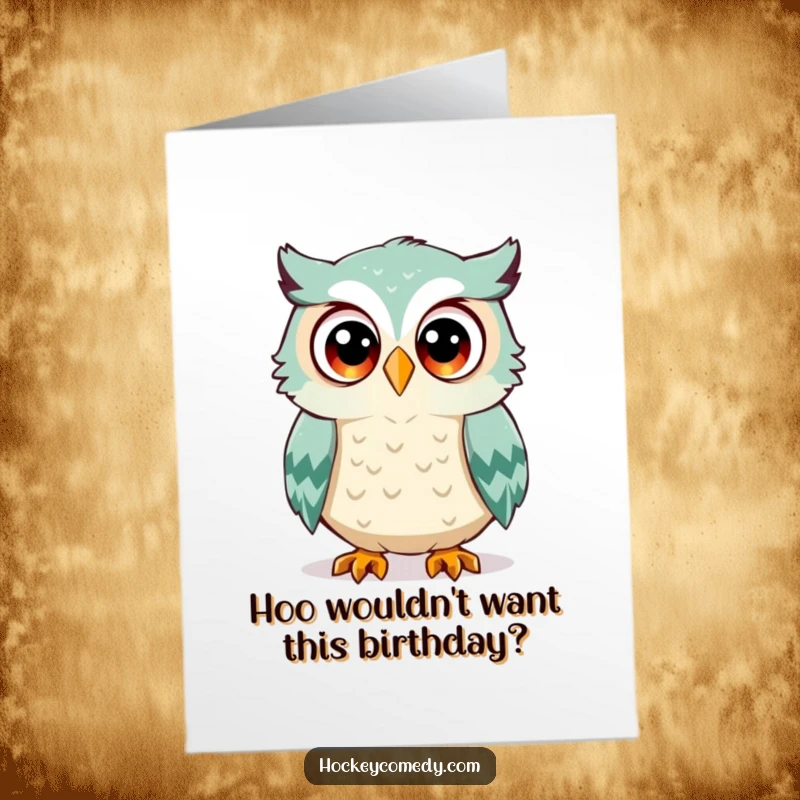 Funny Free Printable Birthday Card featuring a shocked owl with wide eyes, narrowly avoiding an incoming hockey puck.