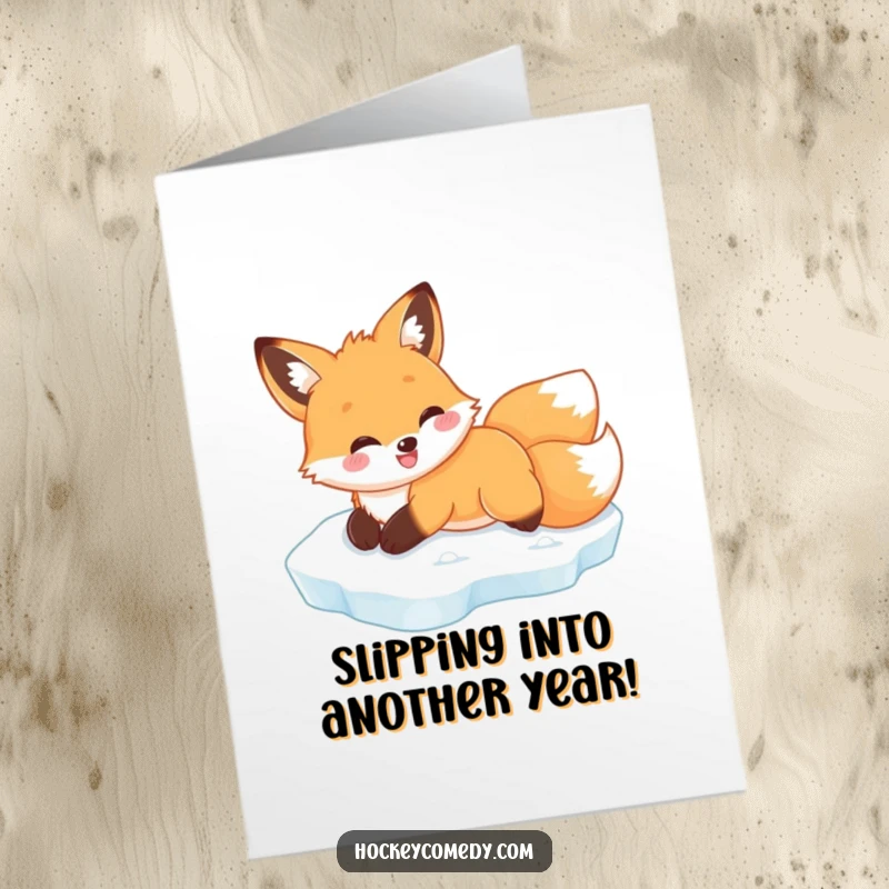 Funny Free Printable smiling cartoon fox joyfully sliding on its belly across a frozen ice rink, designed for a birthday card.