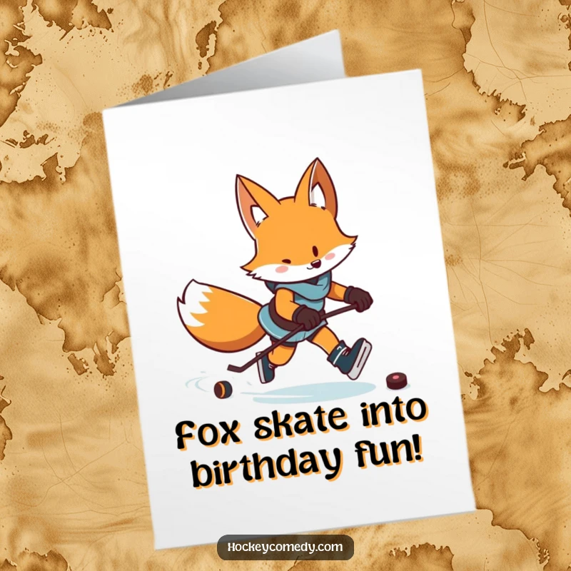 Funny Free Printable Birthday Card: Determined fox skating with a puck, leaving a trail of excited zigzags on their birthday.
